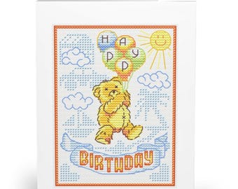 Flying Bear Cross Stitch Pattern: Happy Birthday Card Design (PDF Download