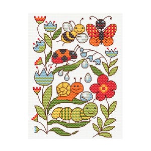 Whimsical Garden Creatures Cross Stitch Pattern: Insects, Snail, Bee (PDF Download)
