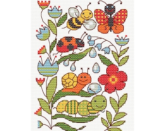 Whimsical Garden Creatures Cross Stitch Pattern: Insects, Snail, Bee (PDF Download)
