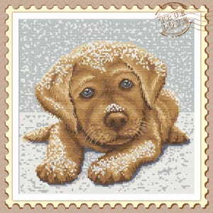 Erster Schnee Labrador Retriever Welpe Hund Kreuzstichmuster PDF-Datei. Digitale Kunst zum Downloaden.