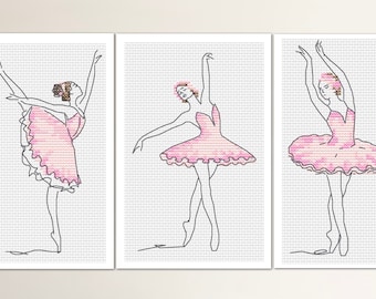 Art line Dancing Ballerina Set. Cross stitch chart pattern PDF Instant download