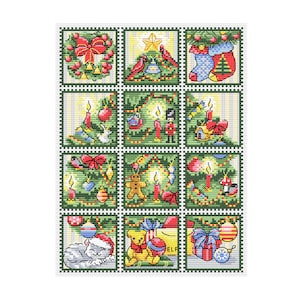 Padrão de Ponto Cruz de Janelas de Natal Vintage – 12 Mini Carimbos (Download em PDF)