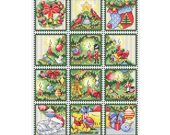 Vintage Christmas Windows Cross Stitch Pattern – 12 Mini Stamps (PDF Download)