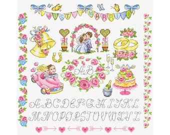 Wedding Sampler Cross Stitch Pattern: Cartoon Bells, Rings, Cake (PDF Downloadable Chart)