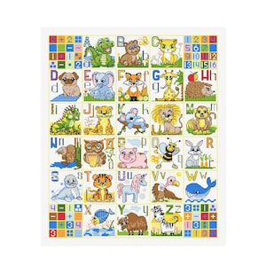 ABC Alfabeto Animales Peces Pájaros Inglés A-Z Niños Dibujos animados Brillantes Coloridos Diseño de patrón de punto de cruz Archivo PDF. Descarga de arte digital.