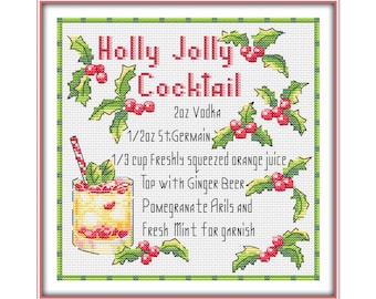 Holly Jolly Christmas Cocktail Recipe Cross Stitch Pattern (PDF chart download)