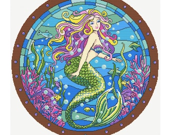 Mermaid Coral Reef Cross Stitch Pattern: Under the Sea Porthole (PDF Downloadable Chart)