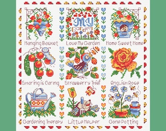 Gardening Cross Stitch Pattern: Birds, Butterfly, Flowers (PDF Download)