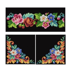 May include: Cross-stitch floral patterns on a black background. The designs include a horizontal border of pink, orange, white, and blue flowers with green leaves, and two corner designs with similar floral arrangements.