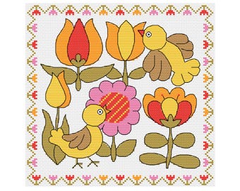 Petals and Little Tweets Cross Stitch Pattern 70s design: birds, flowers, spring. (PDF Download)