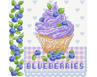 Blueberries Cross Stitch Pattern: Cupcake Bakery Design (PDF Download A4 Size 100x100 stitches)