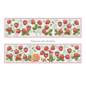 以下が含まれることがあります： 赤いイチゴ、緑の葉、白い花が咲く畑の中に座っているノームのファンタジーなシーンが描かれたクロスステッチパターン。パターンには2匹のカタツムリと「Design size: 160 x 40 stitches」というテキストが含まれています。