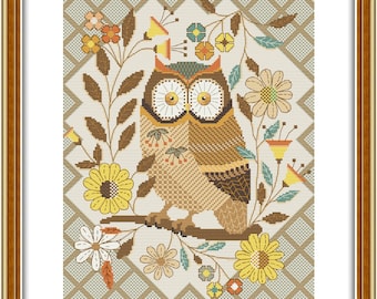 May include: A brown owl with yellow eyes sits on a branch surrounded by yellow, white, and orange flowers. The owl is perched on a branch with brown leaves and flowers. The background is a light green and white checkered pattern.