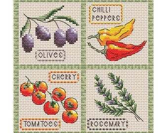 Olives, Tomatoes, Peppers, Rosemary Cross Stitch Pattern (PDF)