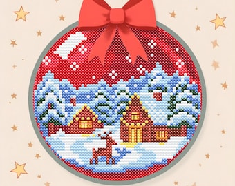 Winter Cottage Christmas Bauble. Cross stitch pattern design  PDF file. Digital art download.