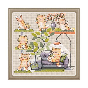 May include: Cross stitch pattern featuring orange tabby cats doing yoga poses on a cat tree, a couch, and a mat. The cats are wearing various yoga poses, including downward dog, warrior pose, and meditation pose. The pattern is set against a beige background with green plants and a lamp.