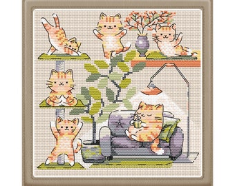 Cats, yoga and tea are all I need. Cross stitch pattern design  PDF file. Digital art download.
