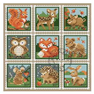 May include: A collection of nine cross-stitch designs featuring woodland animals on postage stamp-style squares. The designs include a squirrel, deer, owl, fox, bear, mouse, hedgehog, and rabbit, all in a colorful, pixelated style. The stamps are framed with a beige border.
