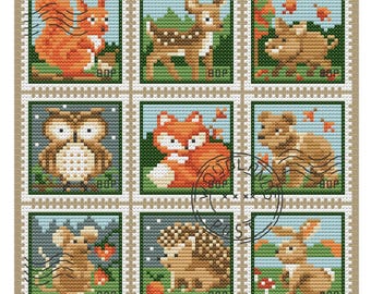 Woodland Animals Cross Stitch Pattern: Fox, Owl, Mouse, Bear, Rabbit, Squirrel, Deer, Boar, Hedgehog Stamps (PDF Download)