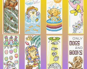 Cross Stitch Bookmark Patterns: Owl, Dog, Cat, Sheep, Bunny (PDF Download)