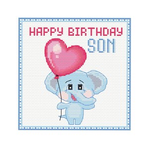 Joyeux anniversaire mon fils. Éléphant avec montgolfière. Fichier PDF de conception de grille de point de croix. Téléchargement d'art numérique. 81 x 81 points de croix.