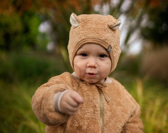 Fluffy Bunny or Bear Bonnet | Organic Cotton Newborn Baby Toddler Bonnet Hat | Easter Bunny Ear Flap Hat | Easter costume | Baby shower gift