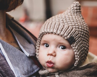 Hand Knitted Organic Merino Wool Pixie Bonnet in 6 colours | Winter Baby Toddler Hat | Merino Wool beanie with strings | Organic Pixie Hat