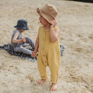Organic Cotton Harem Romper: Mustard Kids Dungarees with Wooden Buttons
