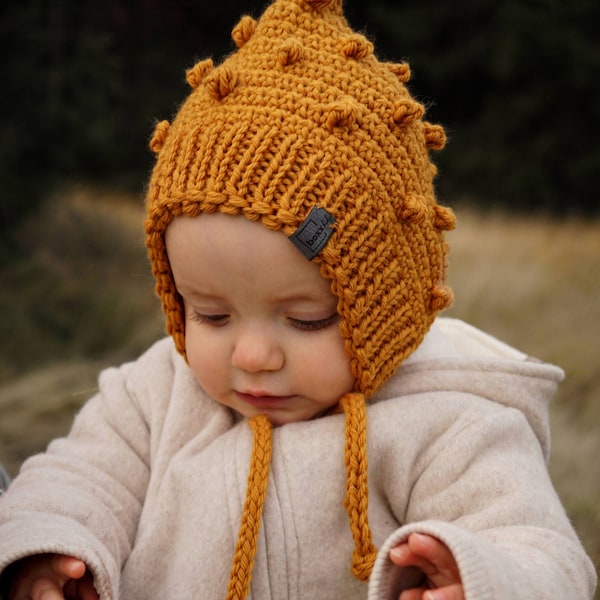 Organic Merino Wool Bobble Pixie Bonnet | Crocheted Winter Baby Toddler Hat | Merino Wool popcorn pixie with strings | Organic Handmade Hat