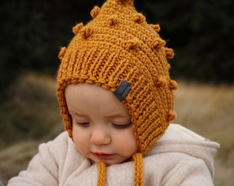 Organic Merino Wool Bobble Pixie Bonnet | Crocheted Winter Baby Toddler Hat | Merino Wool popcorn pixie with strings | Organic Handmade Hat