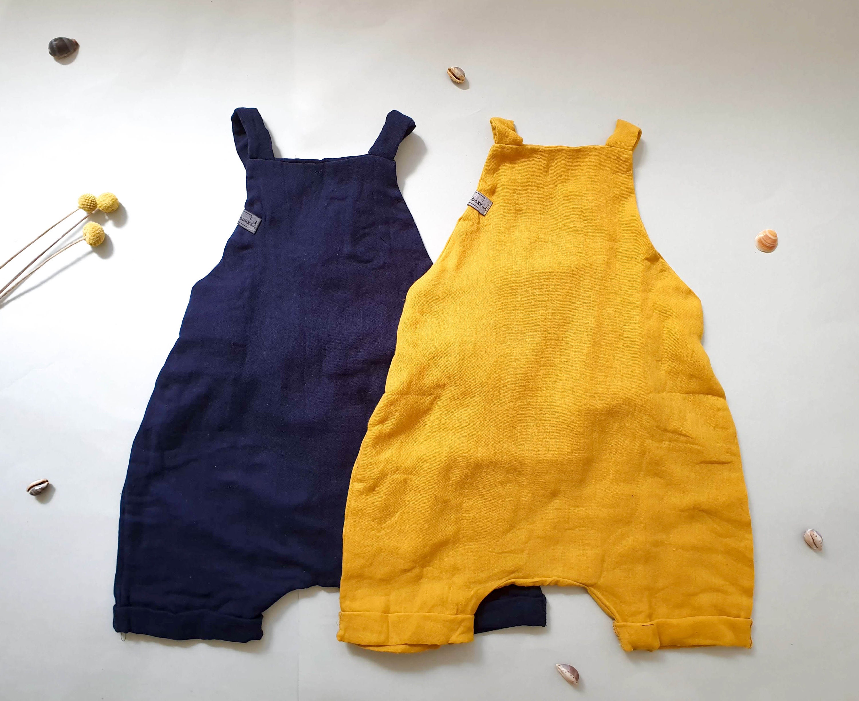 Organic Short Muslin Dungarees in Mustard and Navy Organic Double
