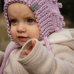 Organic Merino Wool Bobble Pixie Bonnet Crocheted Winter Baby Toddler Hat Merino Wool popcorn pixie with strings Organic Handmade Hat image 9