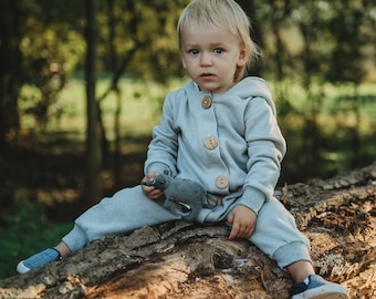 LAST CHANCE Bear Hoodie Overall with wooden buttons Grey and Aqua - Organic Cotton | Baby Girl Boy Toddler Kids Warm Jumpsuit