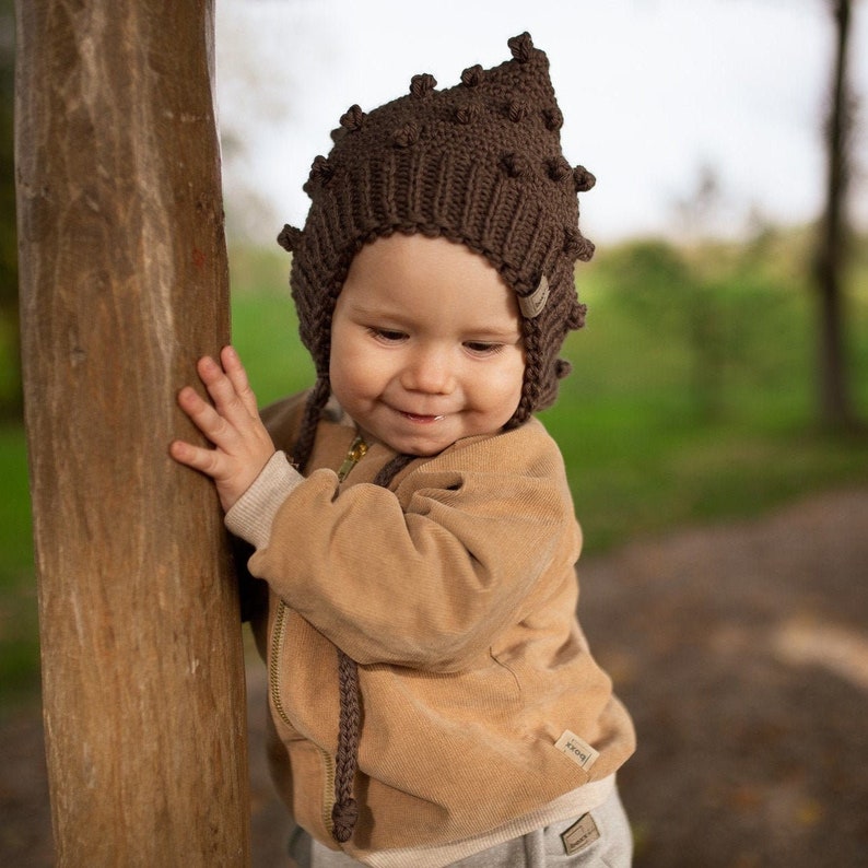 Organic Merino Wool Bobble Pixie Bonnet Crocheted Winter Baby Toddler Hat Merino Wool popcorn pixie with strings Organic Handmade Hat image 7