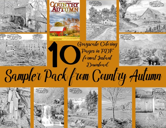 Coloring Book Country Autumn Coloring Pages For Adults Grayscale Instant Download Printable Pdf 10 A4 Coloring Pages - 