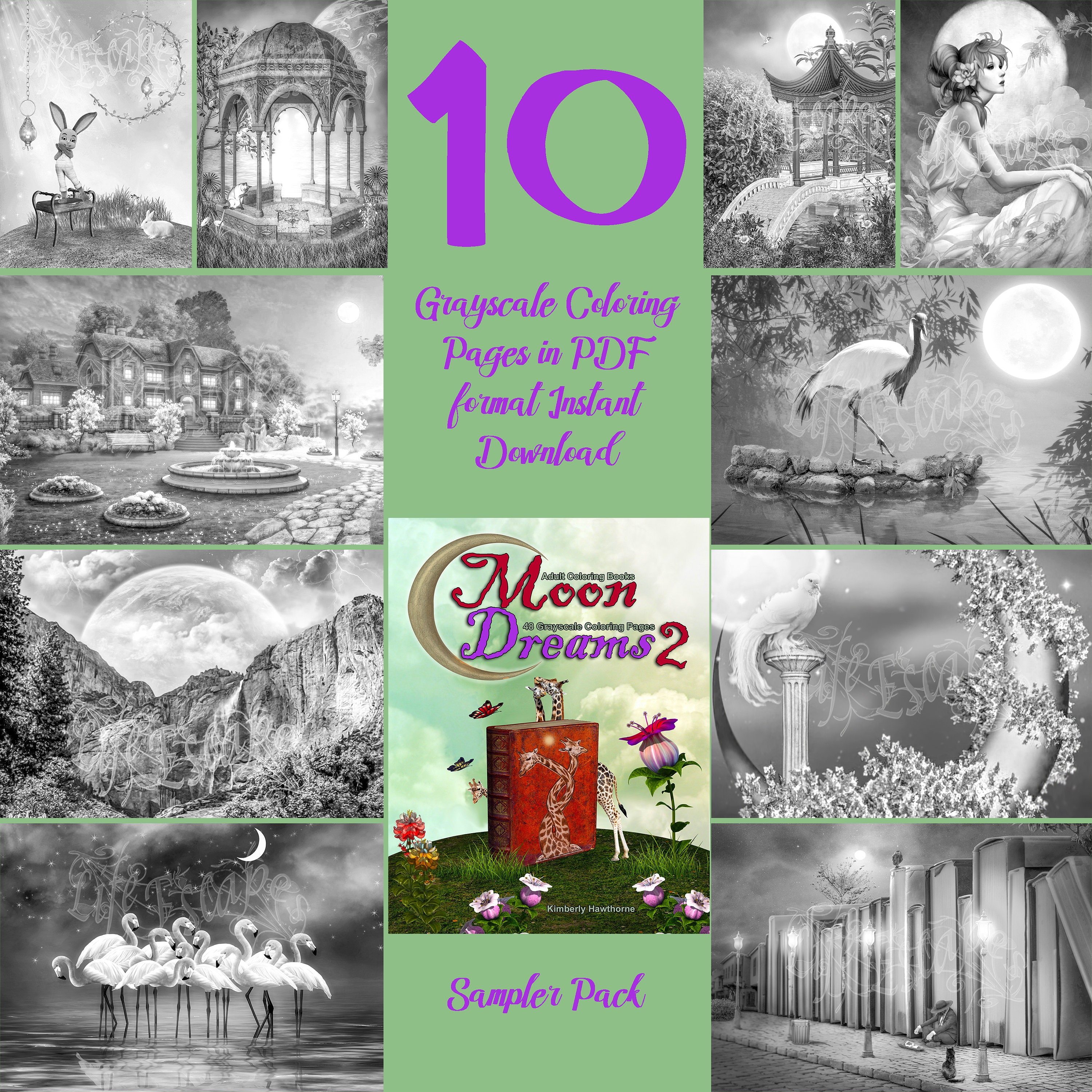 Download Sampler Pack From Coloring Book Moon Dreams 2 10 Grayscale Etsy