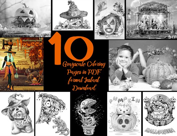 Grayscale Coloring Pages Halloween Fun 3 Sampler 10 Full Size, High Res  Pages PDF Instant Download With Color Guide 