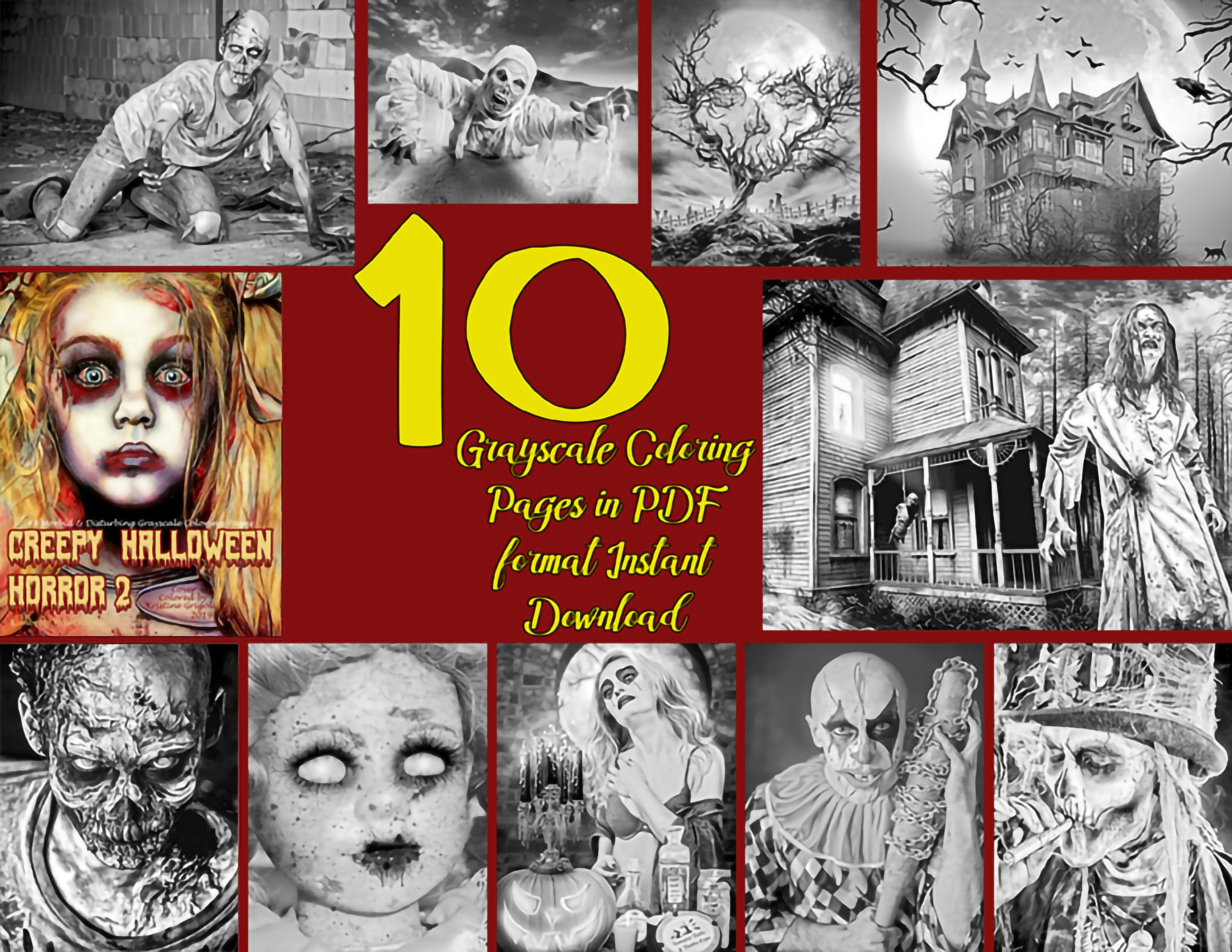 Download Creepy Halloween Horror 2 Grayscale Coloring Pages For Adults Instant Download Printable Pdf 10