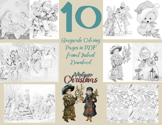 coloring book “vintage christmas” coloring pages for adults grayscale  instant download printable pdf 10 a4 coloring pages