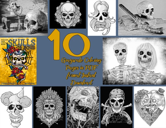 Download Coloring Book Skulls Bones Grayscale Coloring Pages For Adults Instant Download Printable Pdf 10 Coloring