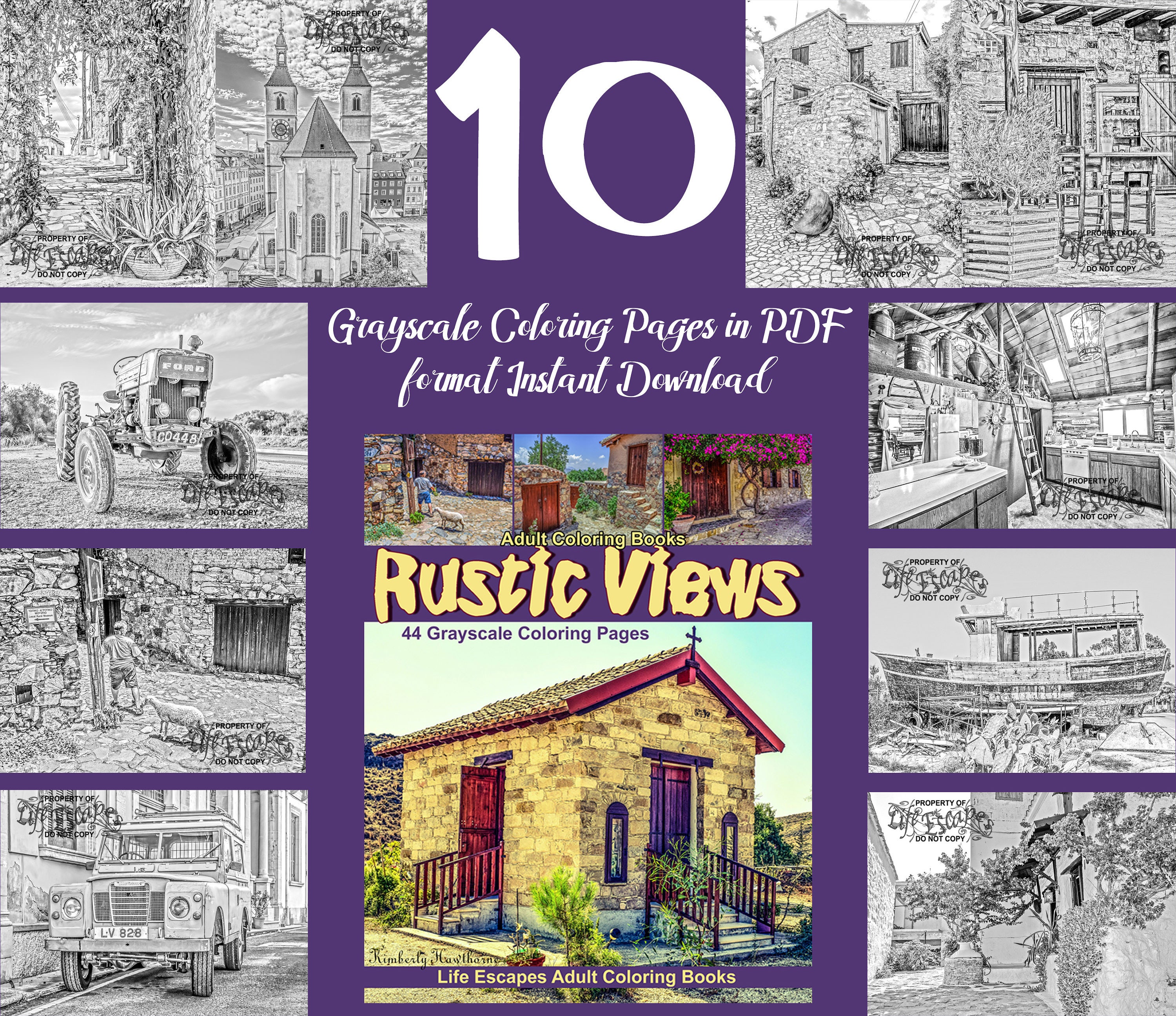 Download 10 Grayscale Coloring Pages For Adults From Coloring Book Etsy