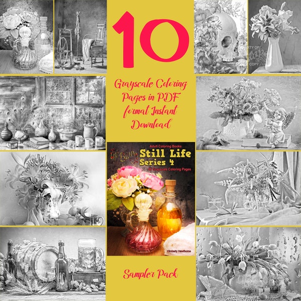 Coloring book “Still Life Series 4” sampler 10 grayscale coloring pages for adults. Instant download printable. PDF HD with color guide