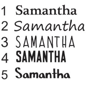 May include: Five variations of the name Samantha written in different fonts and styles. The name is written in a simple font, a cursive font, a block font, a bold font, and a stylized font.