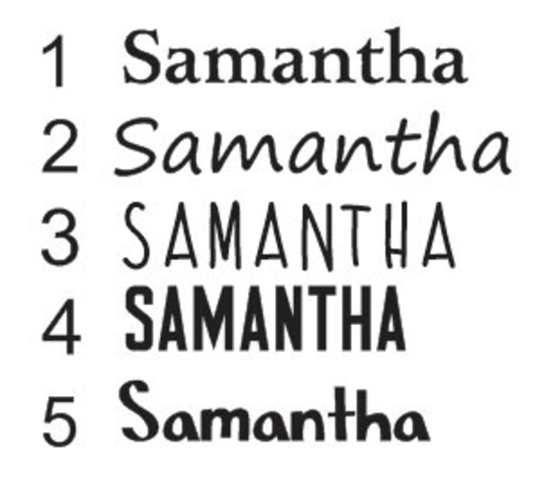 May include: Five variations of the name Samantha written in different fonts and styles. The name is written in a simple font, a cursive font, a block font, a bold font, and a stylized font.