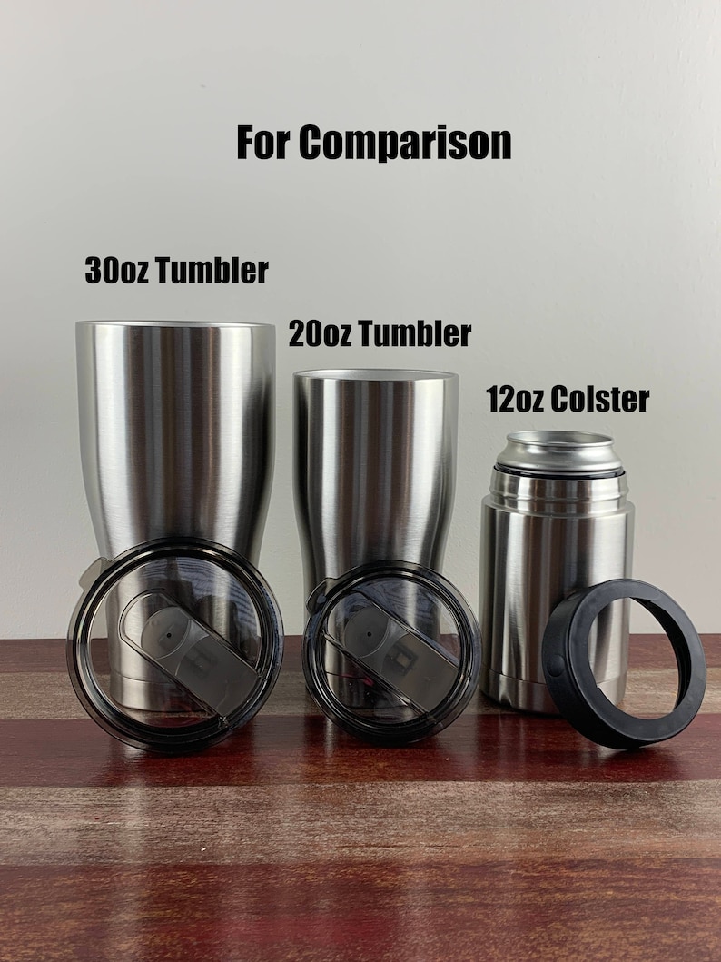 May include: Three stainless steel tumblers with lids, for comparison. The tumblers are 30oz, 20oz, and 12oz. The 12oz tumbler is a colster.