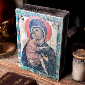 Icon of Virgin Mary, Small Religious Symbol, Antique Russian wood board, Russian Orthodox Icons, Religious Icons, Religious gifts