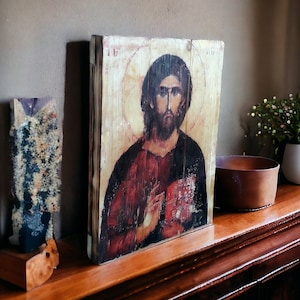 Handcrafted Wooden Icon of Christ, Religious Wall Art for Home Rustic Style Christian Gift, Orthodox Christian Art, Jesus Icon on Wood