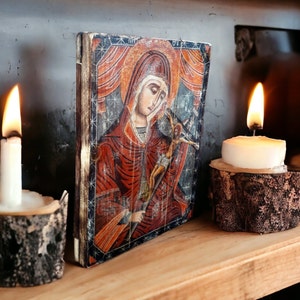 Virgin Mary icon, Orthodox Icon, Mother of God Byzantine, Wood plaque, The Mother of God Trenousa, Russian Religious Symbol, Religious gifts