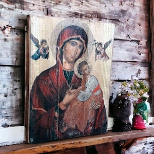 Rustic Virgin Mary & Child Wood Icon,Handmade Religious Wall Art, Orthodox Christian Icon Print,Byzantine Catholic Home Decor,Wooden Artwork