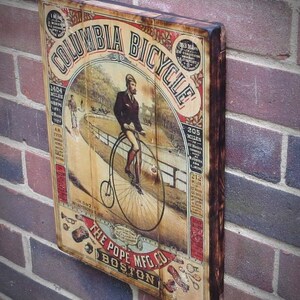 Vintage poster, Bicycle advertising print, Columbia bicycle advertising Poster, Wood  Wall decor, Rustic home decor, Vintage pub decoration